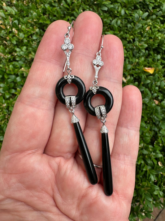 Art Deco Revival Sterling Onyx Drop Earrings