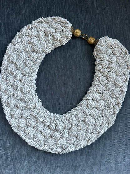 1950s Heavy Handmade White Beaded Woven Collar Necklace