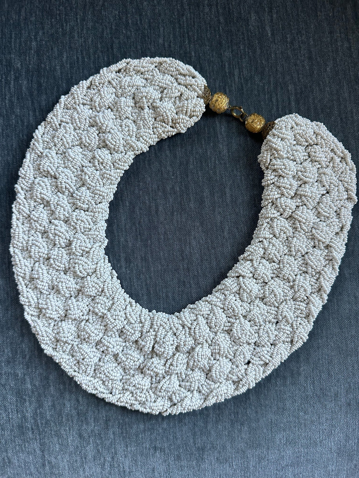 1950s Heavy Handmade White Beaded Woven Collar Necklace