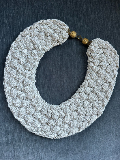 1950s Heavy Handmade White Beaded Woven Collar Necklace