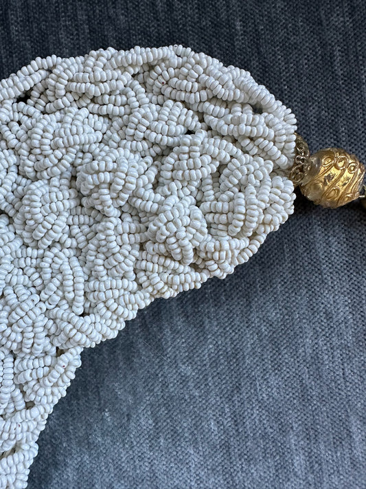 1950s Heavy Handmade White Beaded Woven Collar Necklace