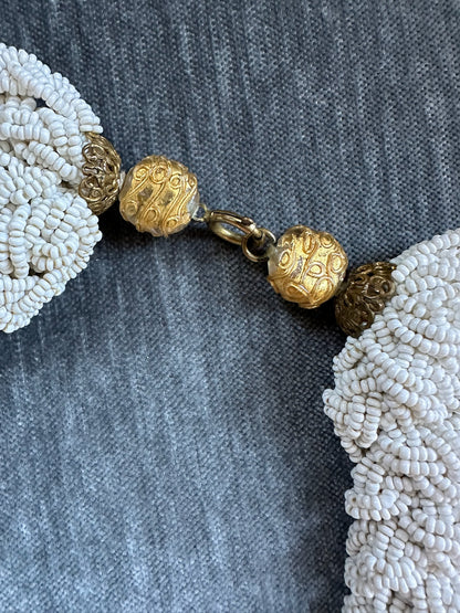 1950s Heavy Handmade White Beaded Woven Collar Necklace