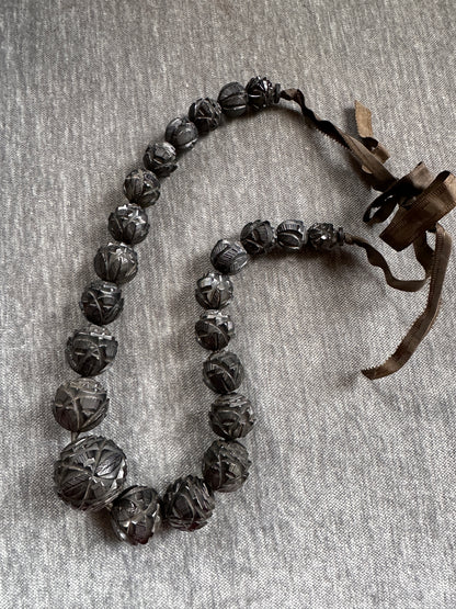 Victorian Large Carved Whitby Jet Bead Necklace
