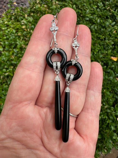 Art Deco Revival Sterling Onyx Drop Earrings
