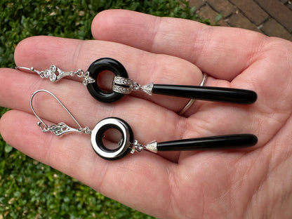Art Deco Revival Sterling Onyx Drop Earrings