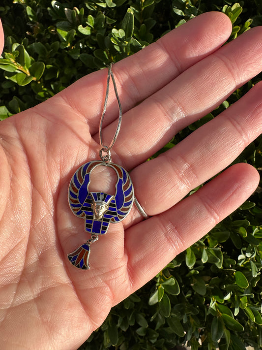 Art Deco Sterling Enamel Egyptian Revival Pendant Necklace