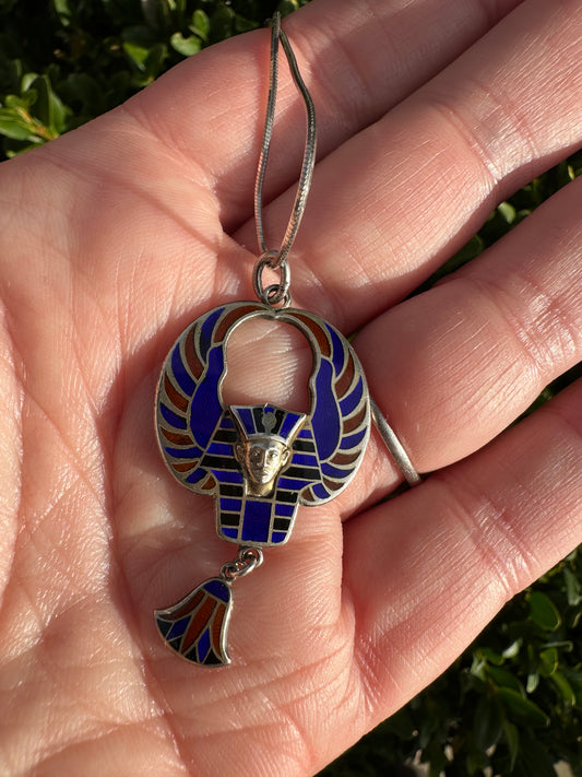 Art Deco Sterling Enamel Egyptian Revival Pendant Necklace