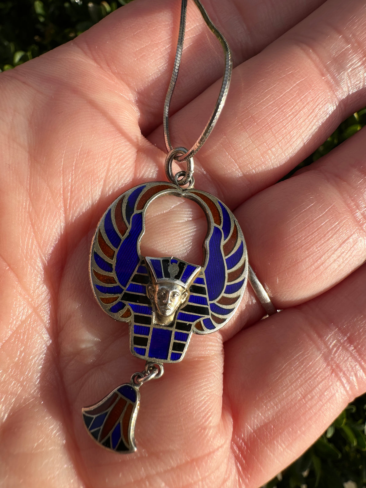Art Deco Sterling Enamel Egyptian Revival Pendant Necklace