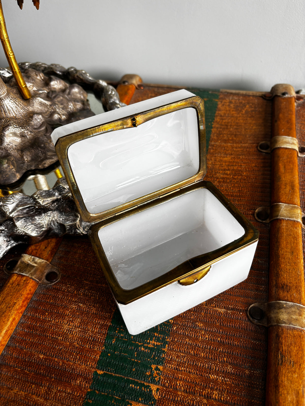 1800s Antique French White Opaline Jewelery Casket Box