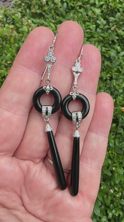 Art Deco Revival Sterling Onyx Drop Earrings