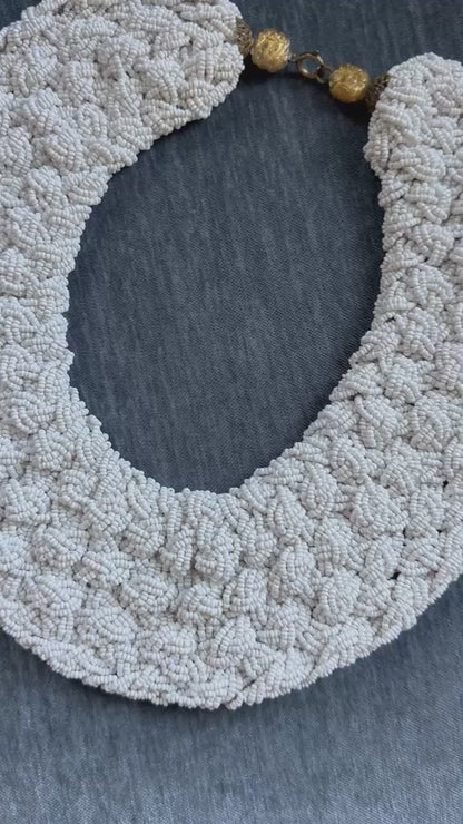 1950s Heavy Handmade White Beaded Woven Collar Necklace