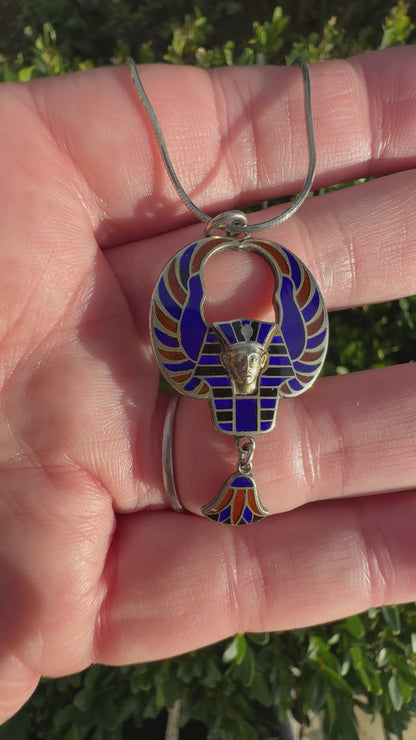 Art Deco Sterling Enamel Egyptian Revival Pendant Necklace
